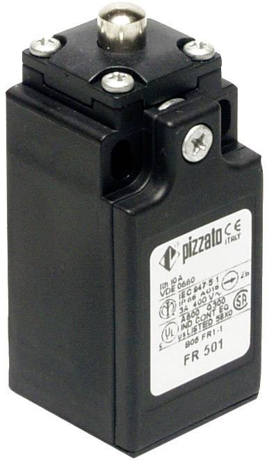 Black electromechanical safety switch with multiple screws and a label displaying technical specifications.