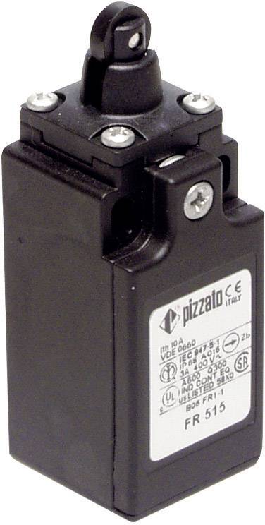 A black limit switch by Pizzato with a white label, manufacturer information, and technical data, suitable for electrical controls.