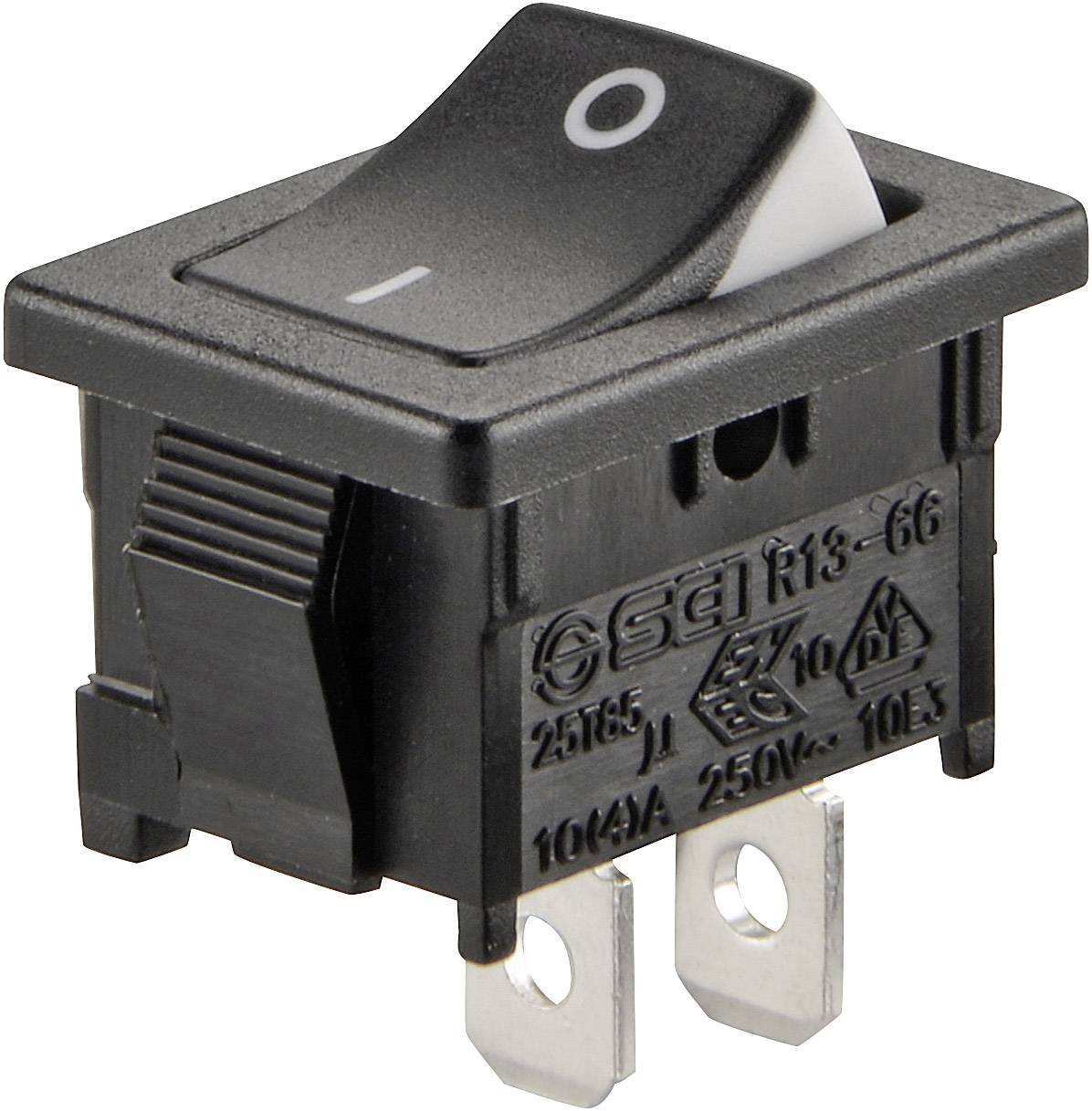 A black rocker switch with 'I' symbols for On and 'O' symbols for Off, suitable for electrical applications up to 250V, 10A.