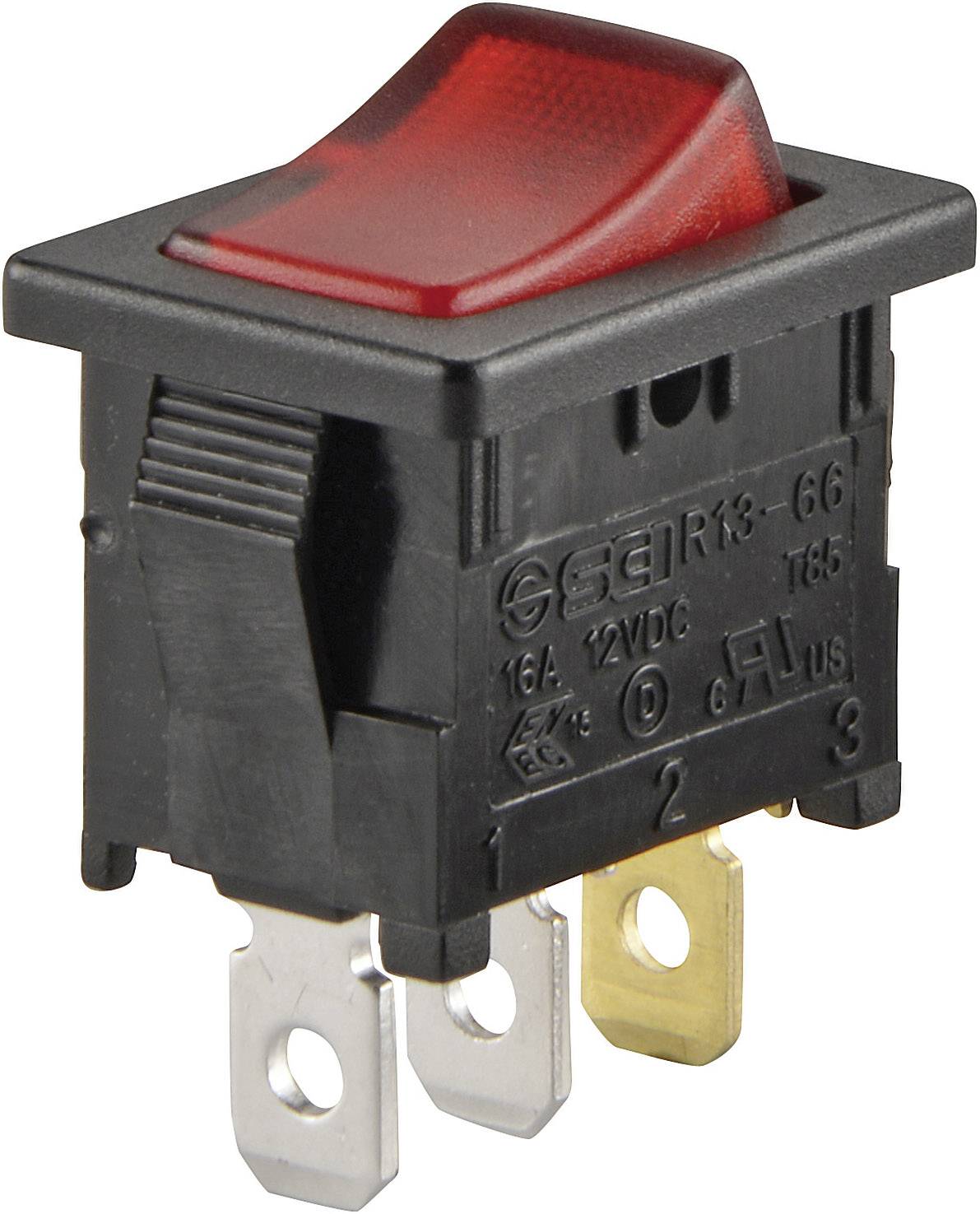 A red toggle switch with a black housing and three metal terminals, suitable for electrical applications at 12V DC.