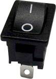 A black rocker switch, showing a white line for 'On' and a circle for 'Off'. Suitable for electrical devices.