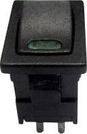 A black toggle switch with a green marking on the upper section. The switch has four metal contacts on its underside.