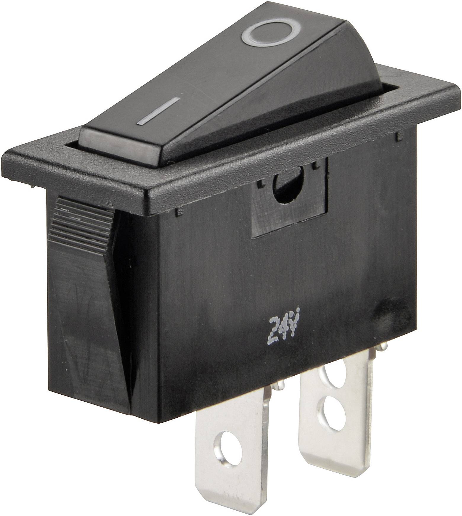 A black toggle switch with a symbolic circle and line, suitable for 24-volt applications.