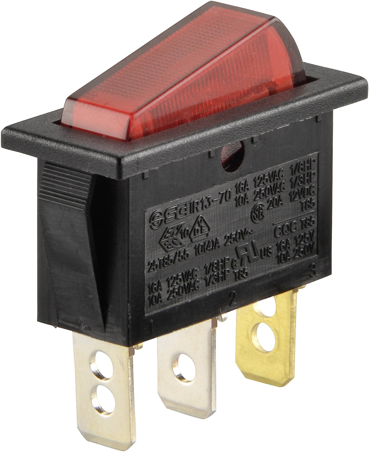 A red rocker switch with a black base, suitable for 16 A, 125/250 V AC. Three copper terminals underneath.
