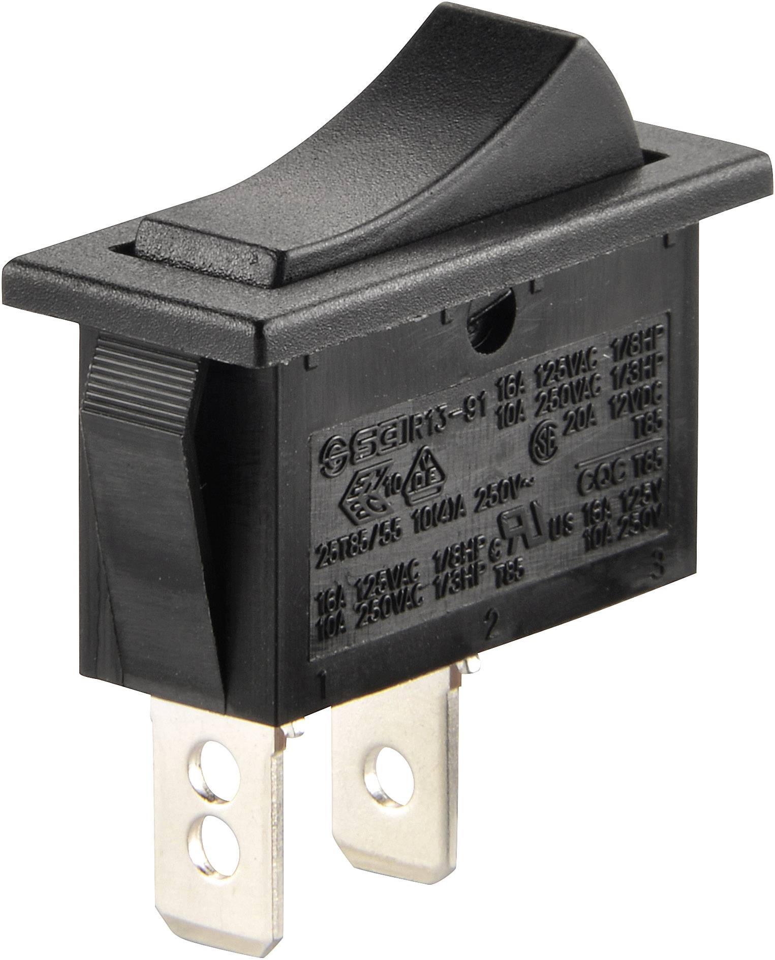Black rocker switch with two metal electrodes at the bottom, suitable for electrical devices.