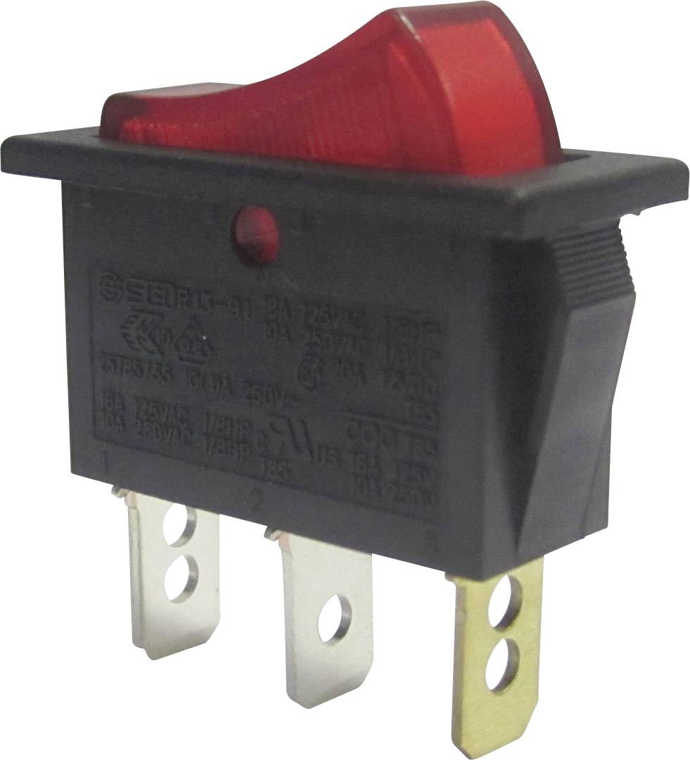 A red plastic toggle switch with three metal terminals, suitable for electrical circuits.