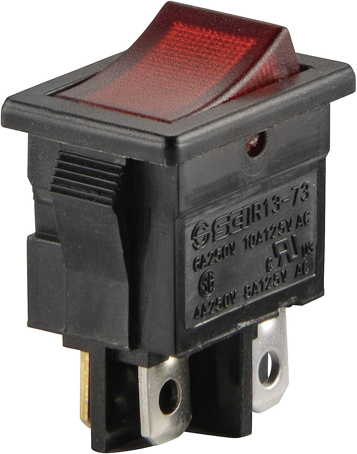 A red rocker switch with a black casing, suitable for electrical applications. Labelling: 'SBE11 3-73', '10A125V AC'.