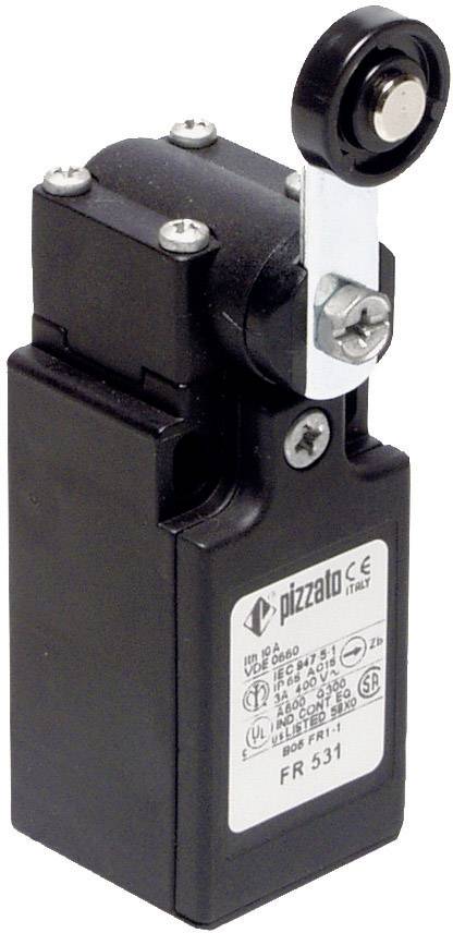 A black limit switch with roller lever by Pizzato, Model FR 531, is shown. It is used in industrial applications.