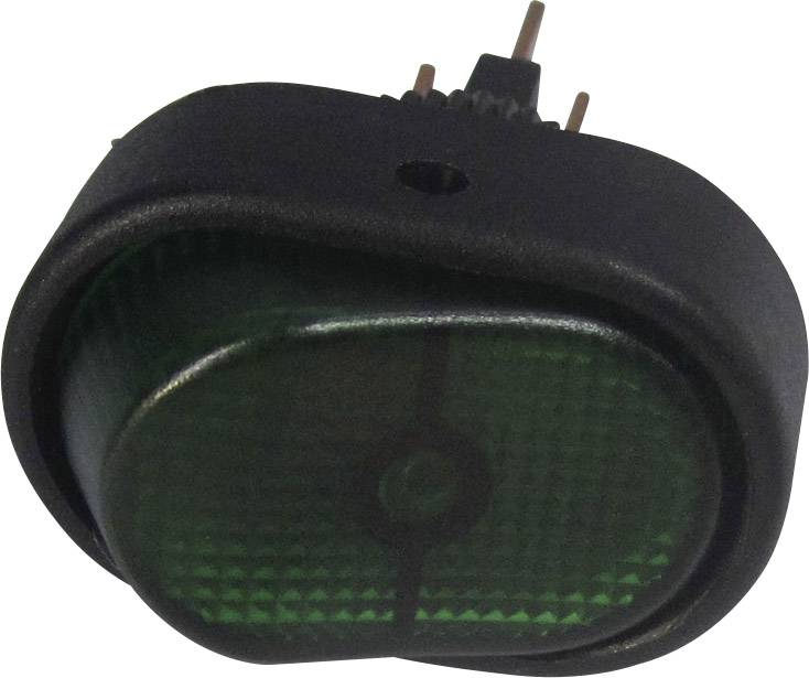 Green, rectangular rocker switch with black frame and metal pins for electrical connection.