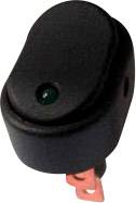 Black toggle switch with green indicator point and copper terminals, shown in a side perspective.