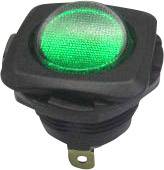 A green, illuminated switch with a black frame. The switch is suitable for electronic operation or signalling.