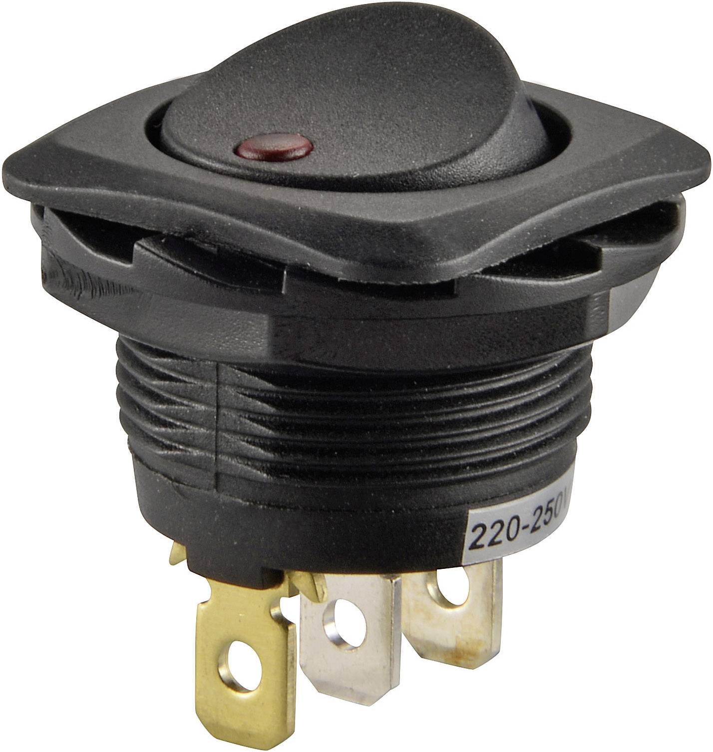 A black rocker switch with three terminal connections. The switch is marked with '220-250V' and has a red indicator light.