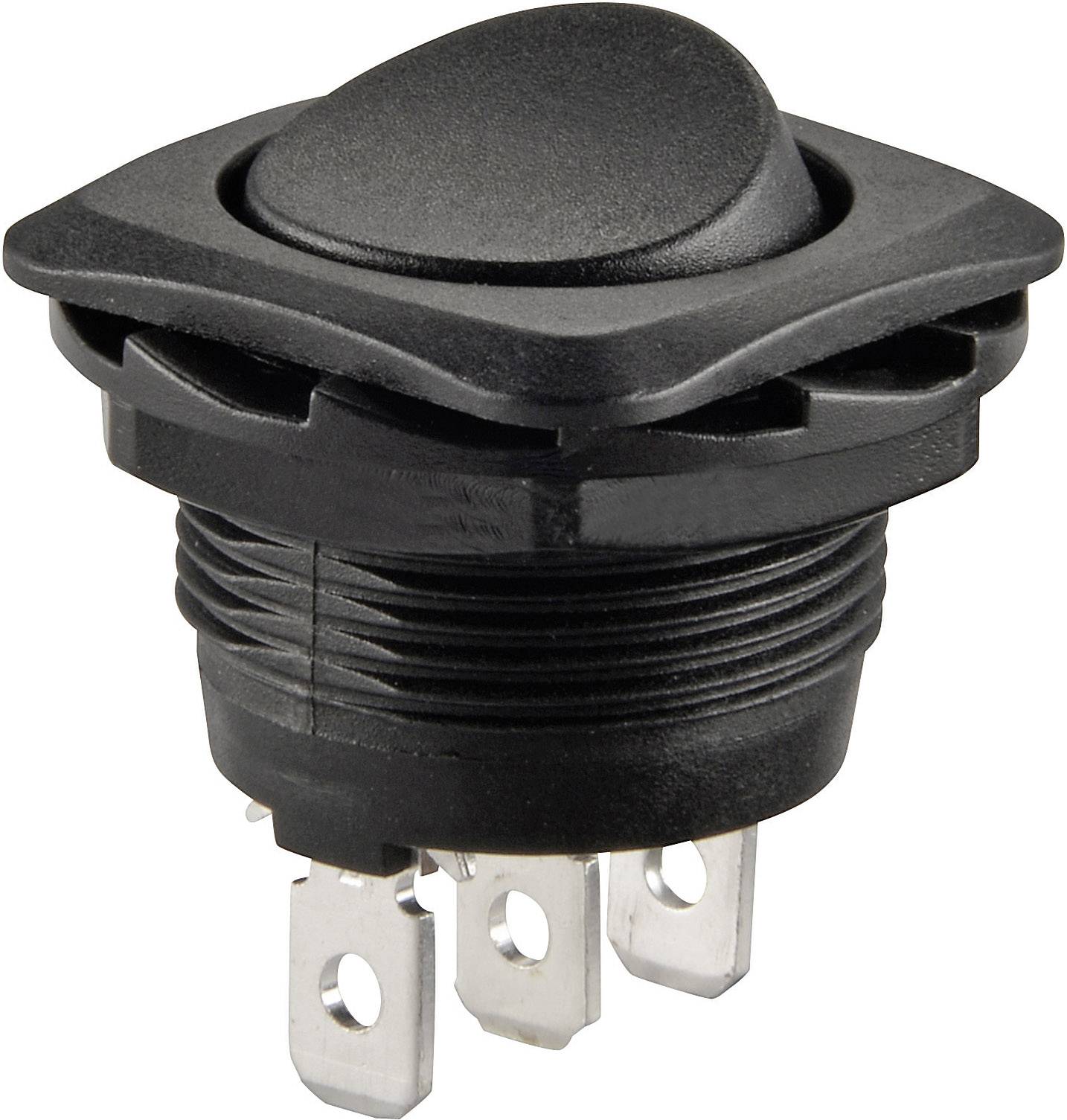 Black toggle switch with three metal terminals, top view. Used for electrical control in electronic devices.