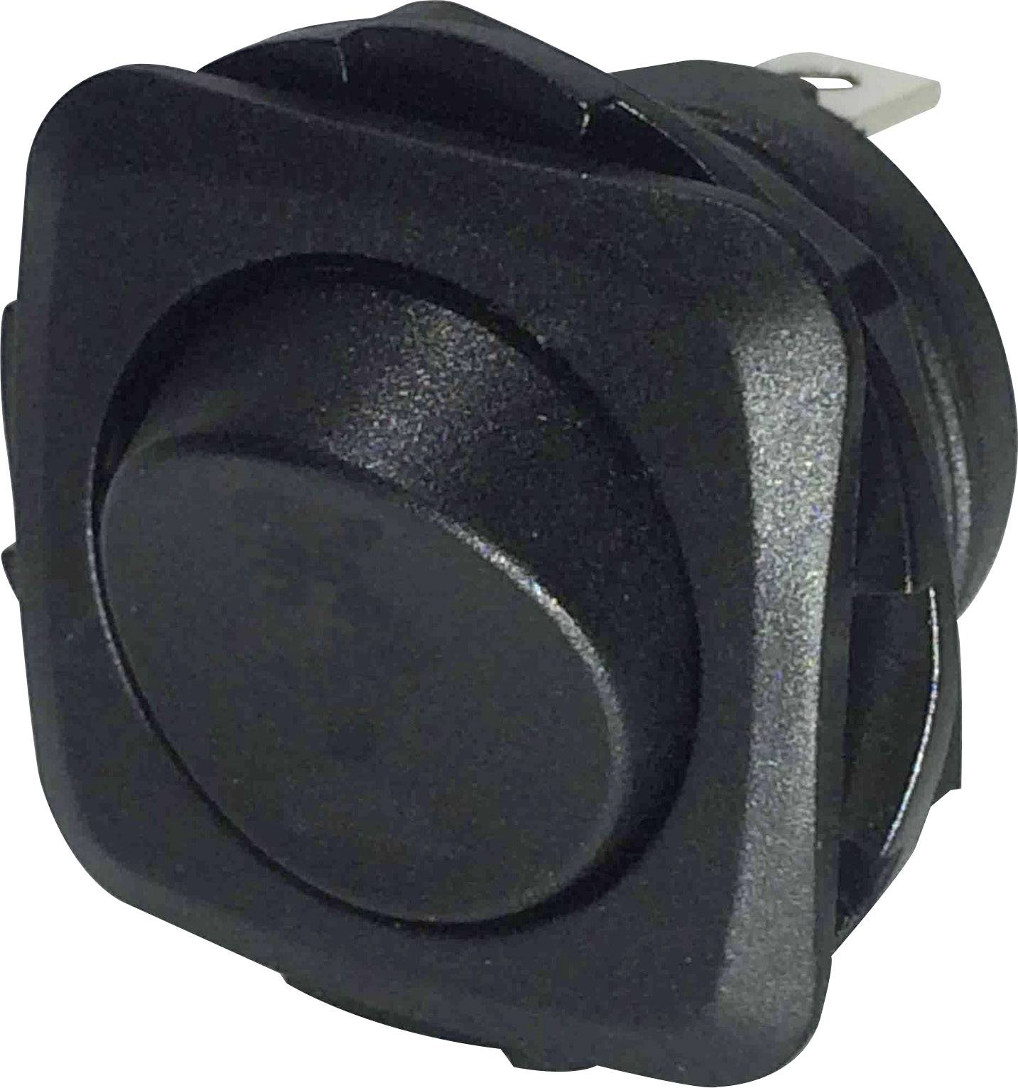 A black round push button in a square housing, mountable from the side.