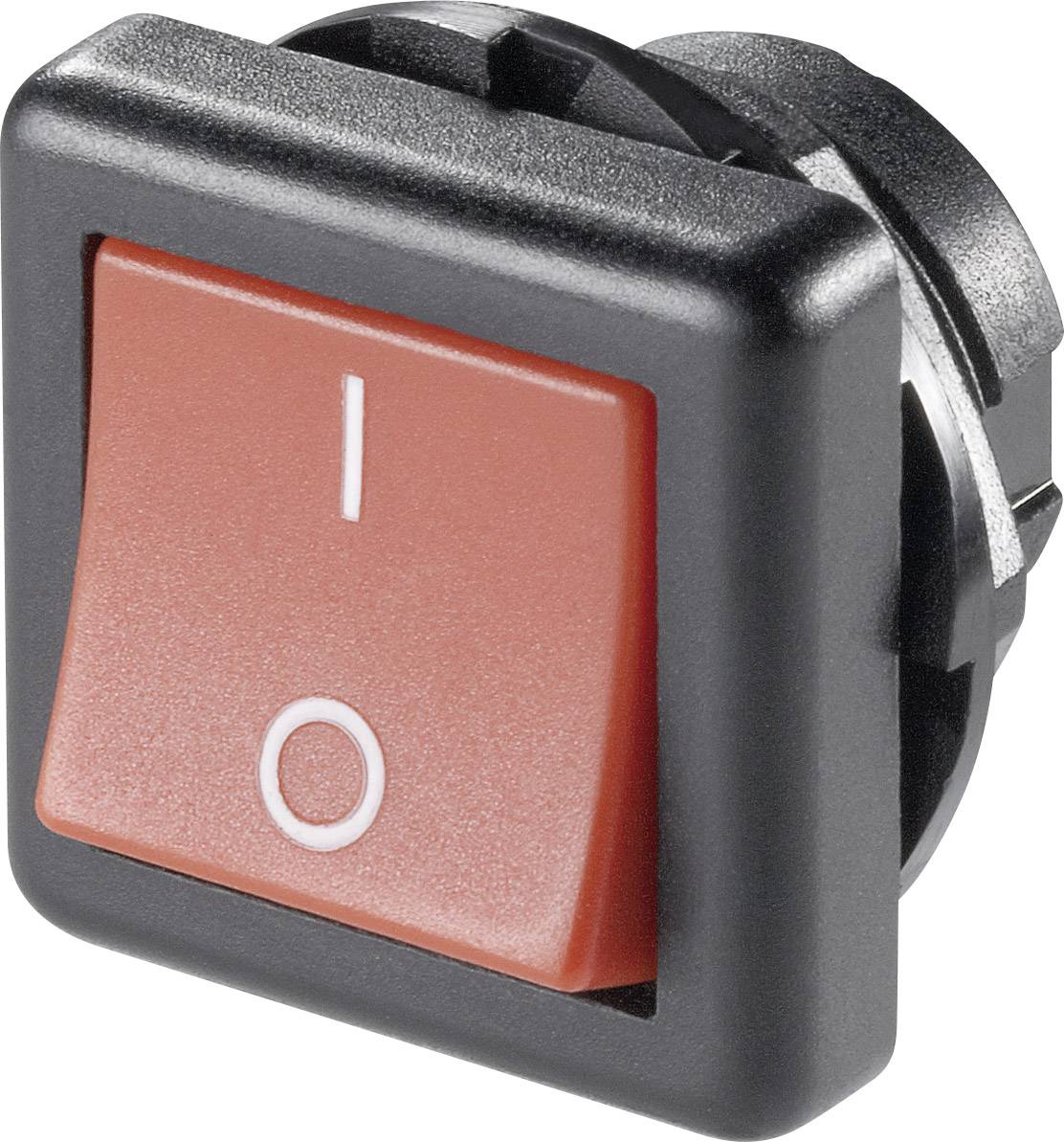 A red toggle switch with 'I' symbols for On and 'O' for Off; black-framed, used for controlling electrical devices.