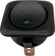Black rocker switch with green LED indicator. Tool for controlling electrical devices, commonly used in electrical circuits.