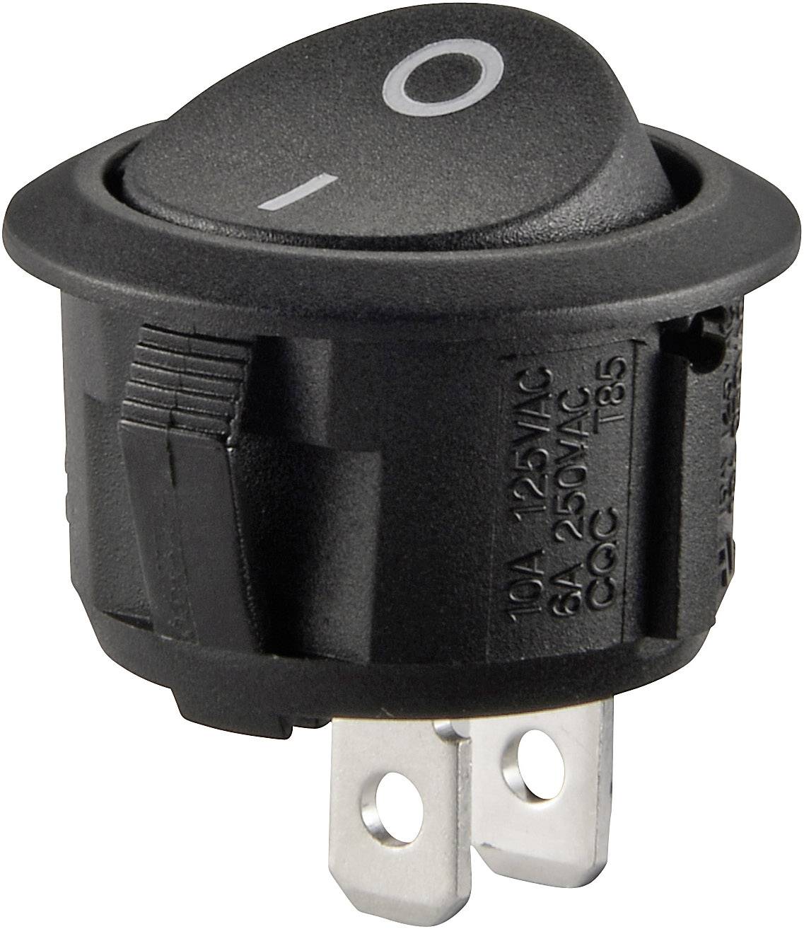 Black toggle switch with two metal terminals, voltage and current rating visible, on/off symbol present.