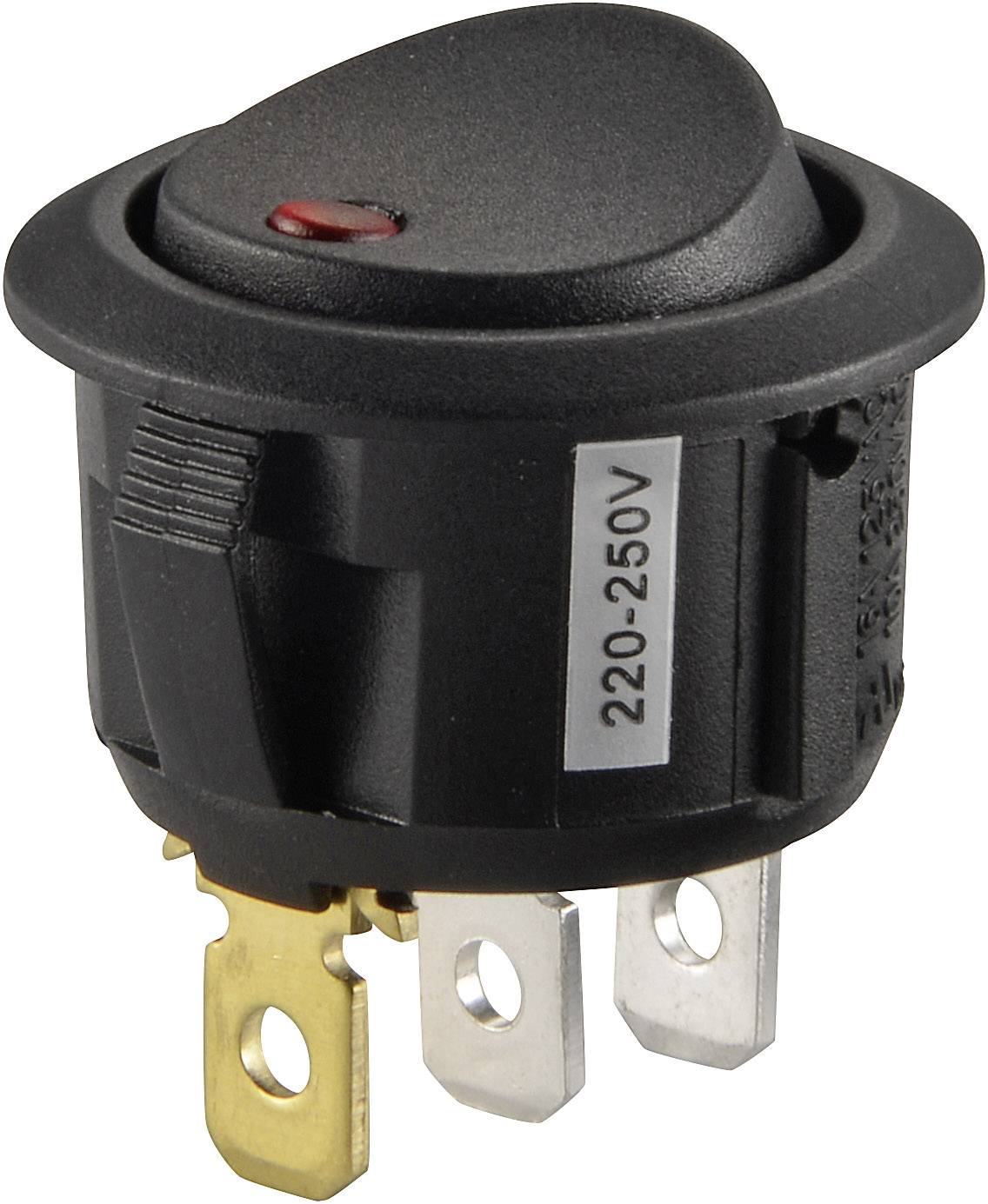 A black rocker switch with a red indicator, suitable for 220-250V. Three metal contacts are visible on the underside.