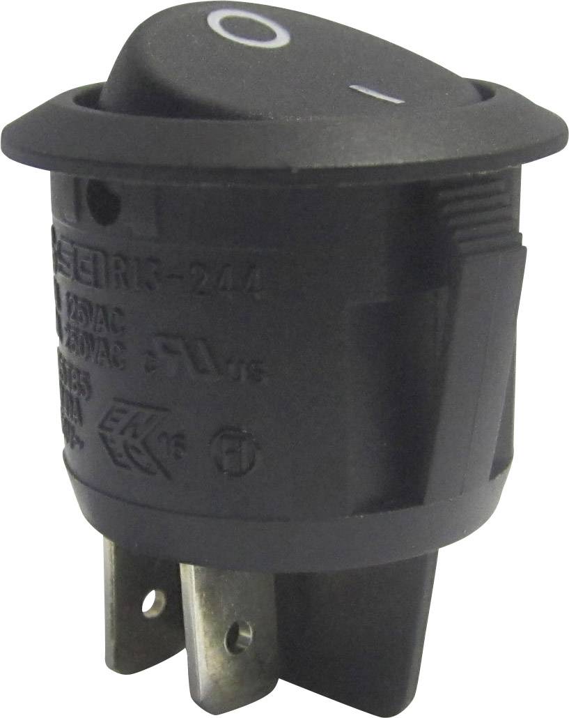 A black rocker switch with On/Off symbols on the top surface. The switch is tilted to the 'Off' position.