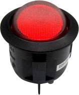Round red push button with black housing.Note: This appears to be a straightforward technical description that translates very similarly in British English. The translation maintains the original precise and descriptive nature of the German text.