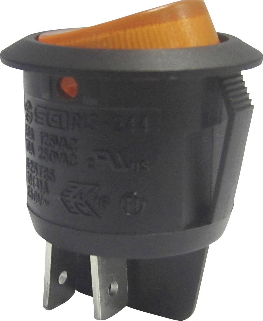 Black rocker switch with an orange cap, viewed from the side. Suitable for 250VAC, 16A; displays CE marking and other technical symbols.
