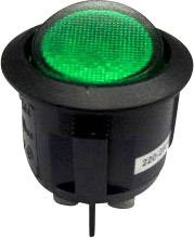 Round, green push button in a black housing. Switch type: 220V-3A.Note: The translation maintains the technical specifications and describes the physical characteristics of the component in British English.