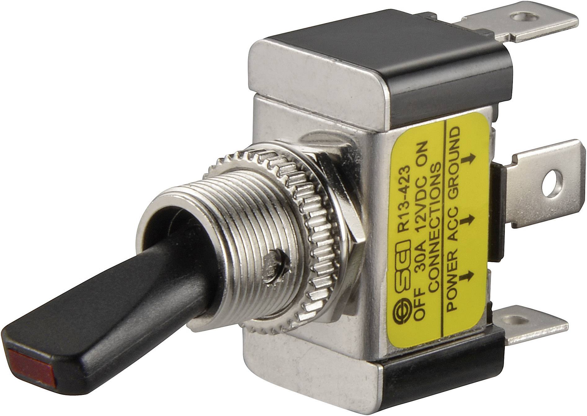 A metal toggle switch with two screw terminals and labelling: 'OFF', 'ON', and 'POWER ACC GROUND'.