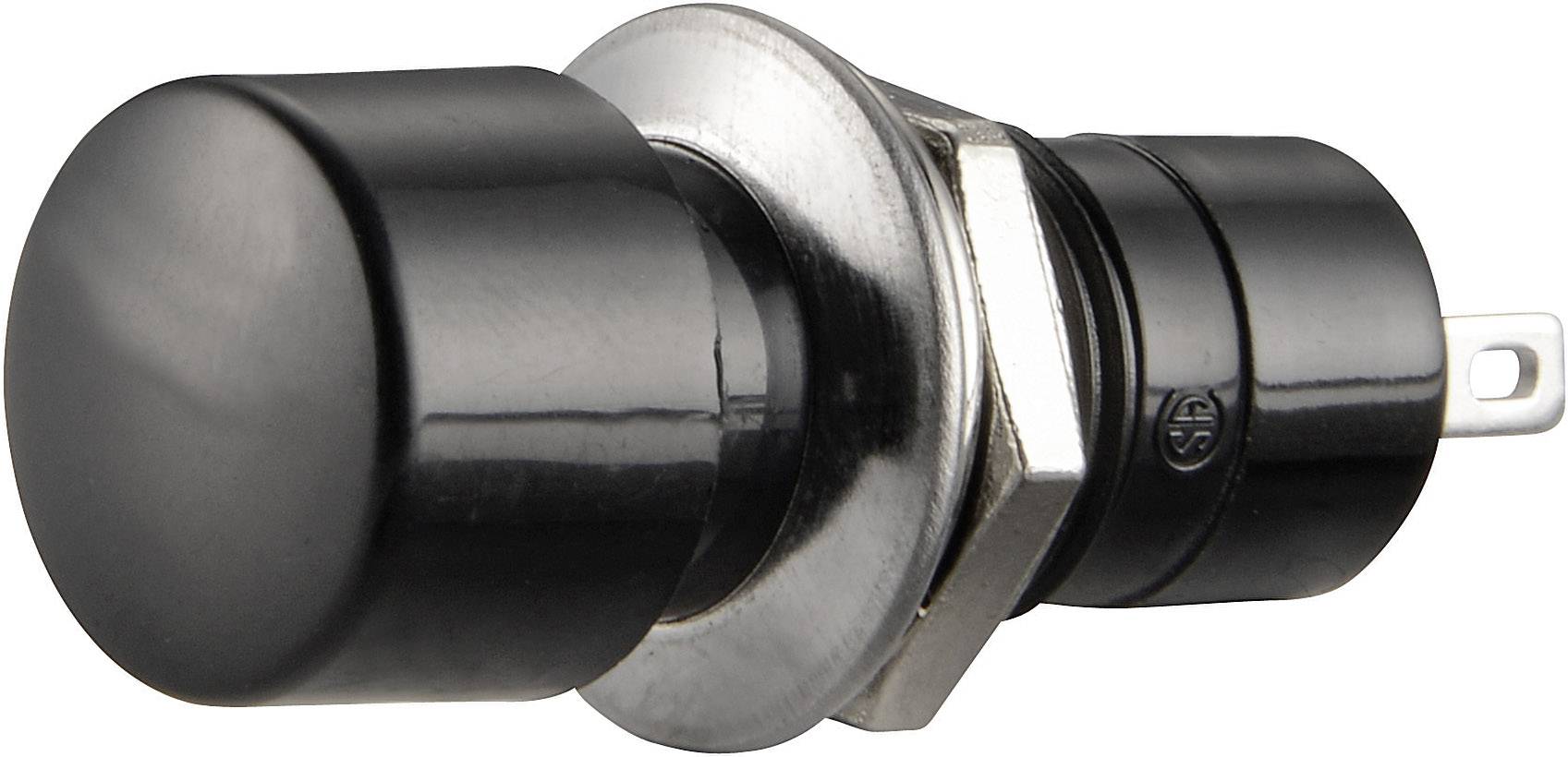 A black push-button switch with a metallic thread and connections. Suitable for electrical devices and control panels.