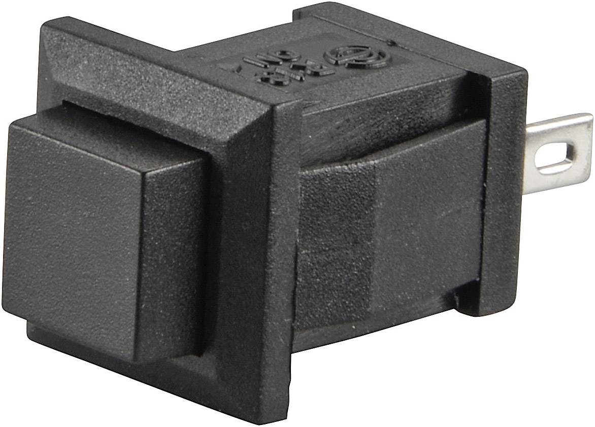 A black plastic press switch with a rectangular shape and two metal contacts on the rear.