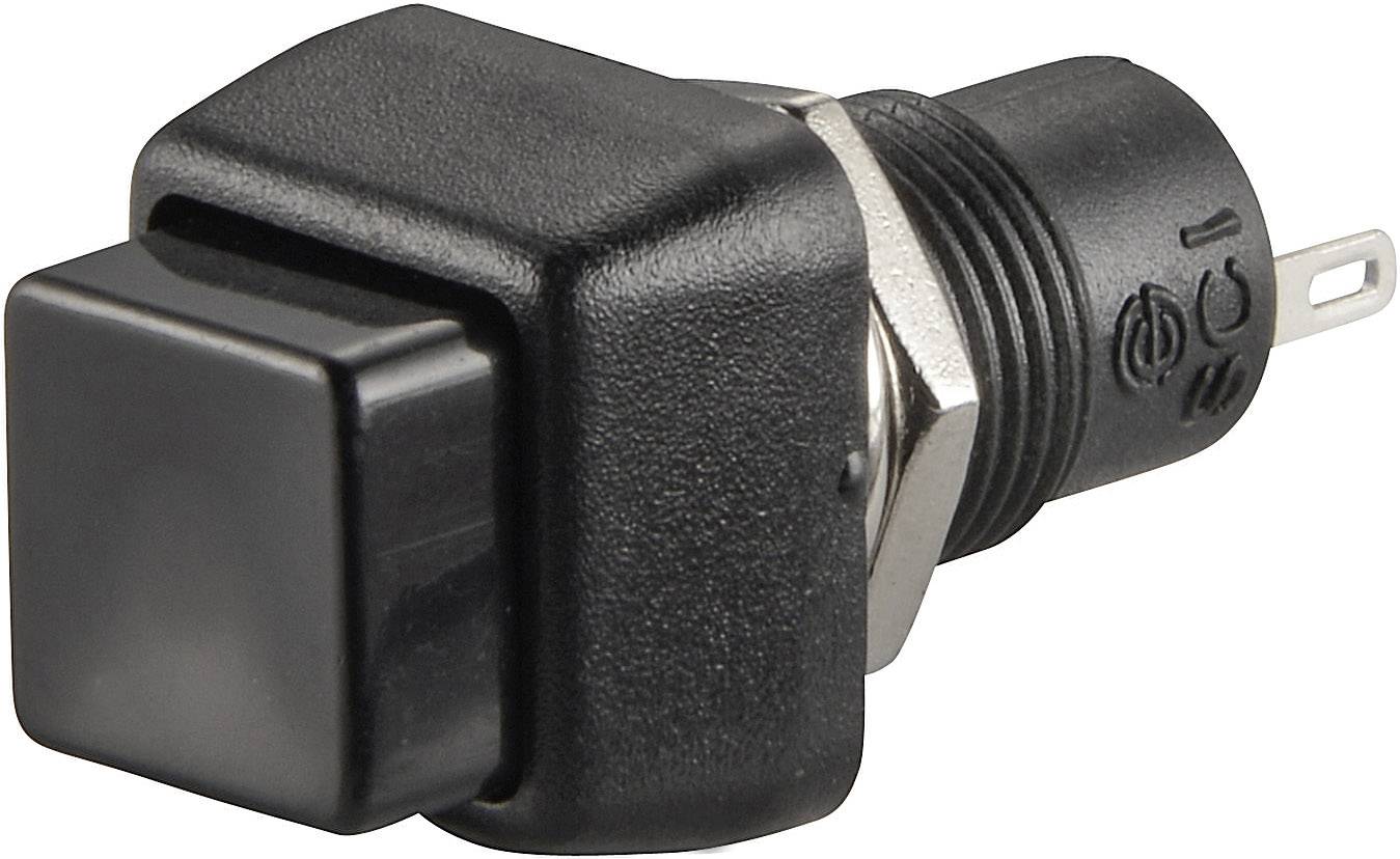 A black push switch with a rectangular button and electrical connection.