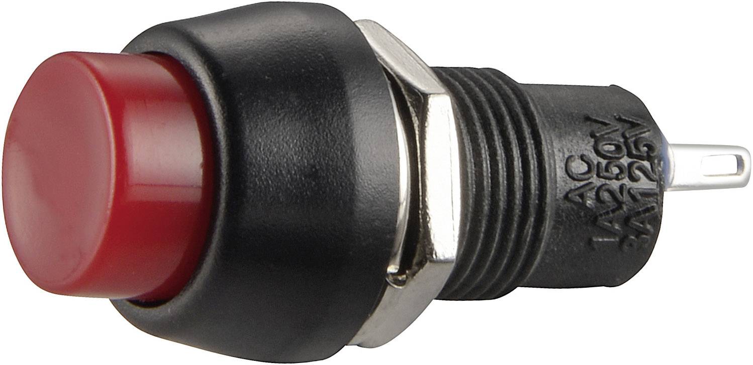A red push-button switch in a black housing, with the label 'AC 125V 1A' visible on the side.