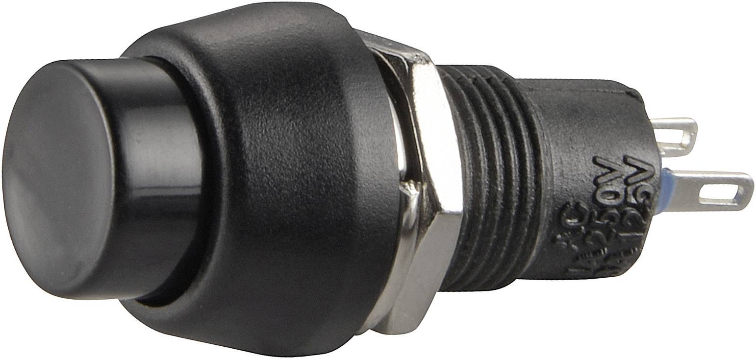 Black plastic and metal push button switch, shown from the side. Three connections visible on the rear.