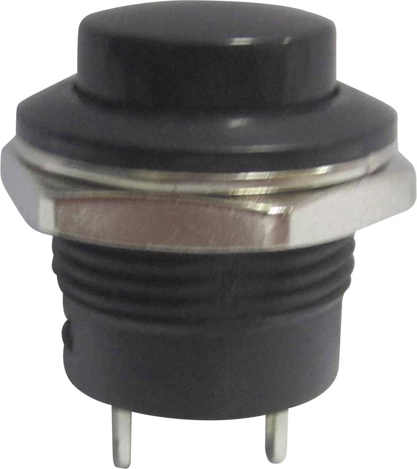A black, round plastic push button with a metal thread, mountable in control panels, shows two connection pins at the bottom.