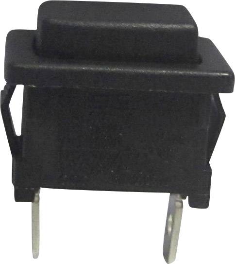 A black, rectangular push button with two metal contacts on the underside, suitable for electronic circuits.
