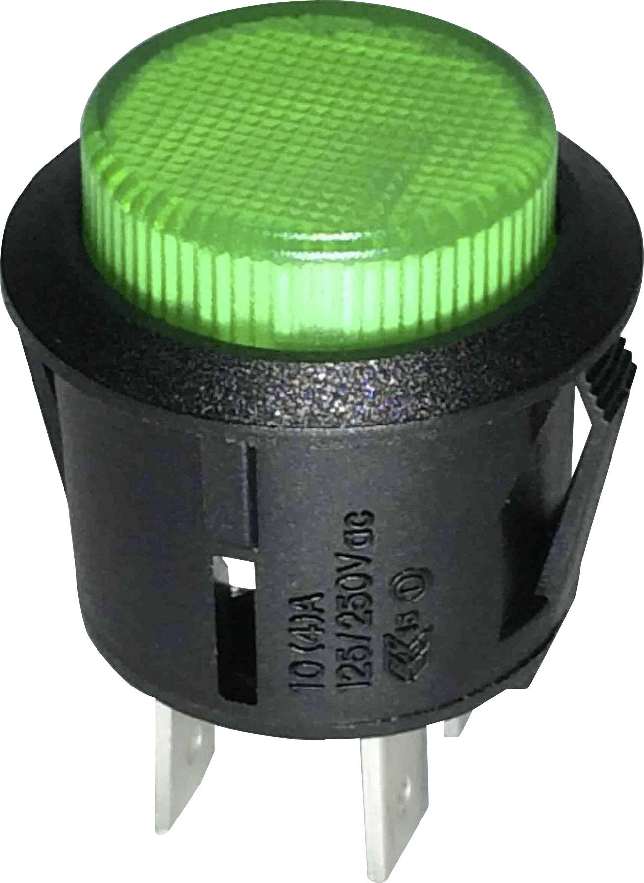Green push-button switch with a black housing and four metal terminals, used in electronic devices for control purposes.