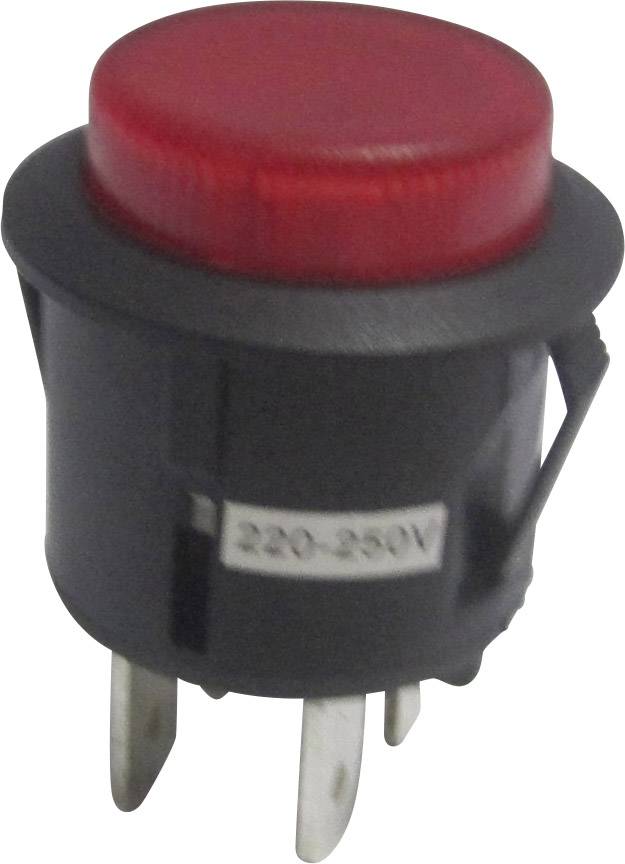 A red push button switch with the marking '220-250V' is mounted on a black housing. It has three metal contacts.