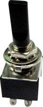 A toggle switch with a black lever and two metal pins, suitable for electronic devices.