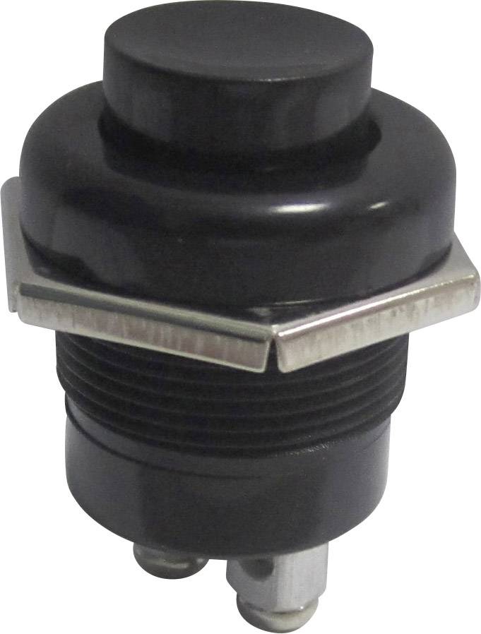 Black push-button switch with metal thread and two connection pins, suitable for electronic applications.
