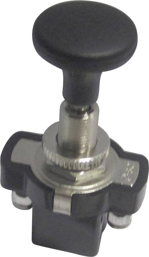 A black push-button switch, mounted in a metal housing. Suitable for electrical devices to control functions.