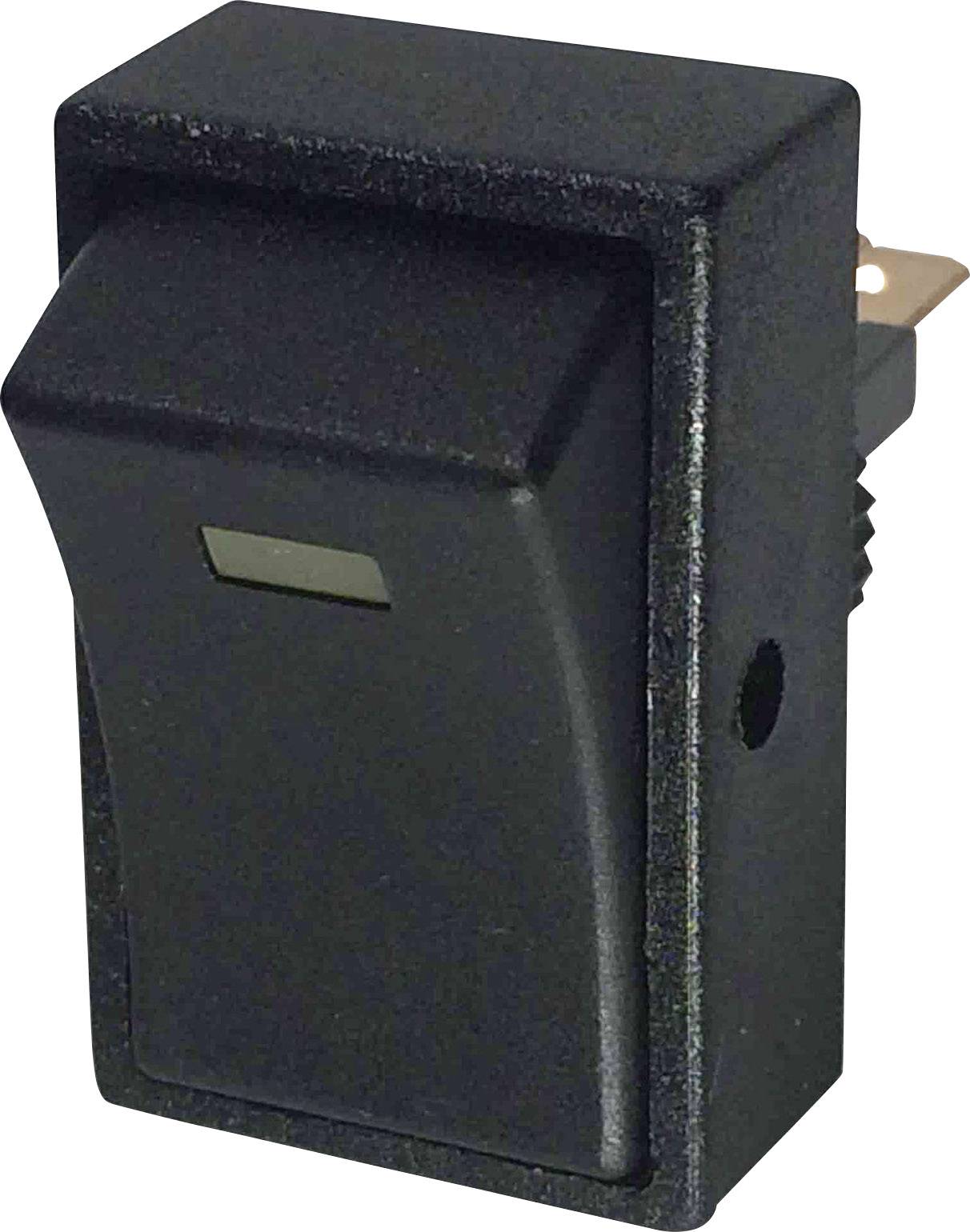 A black toggle switch made of plastic, used for switching electrical devices on and off.