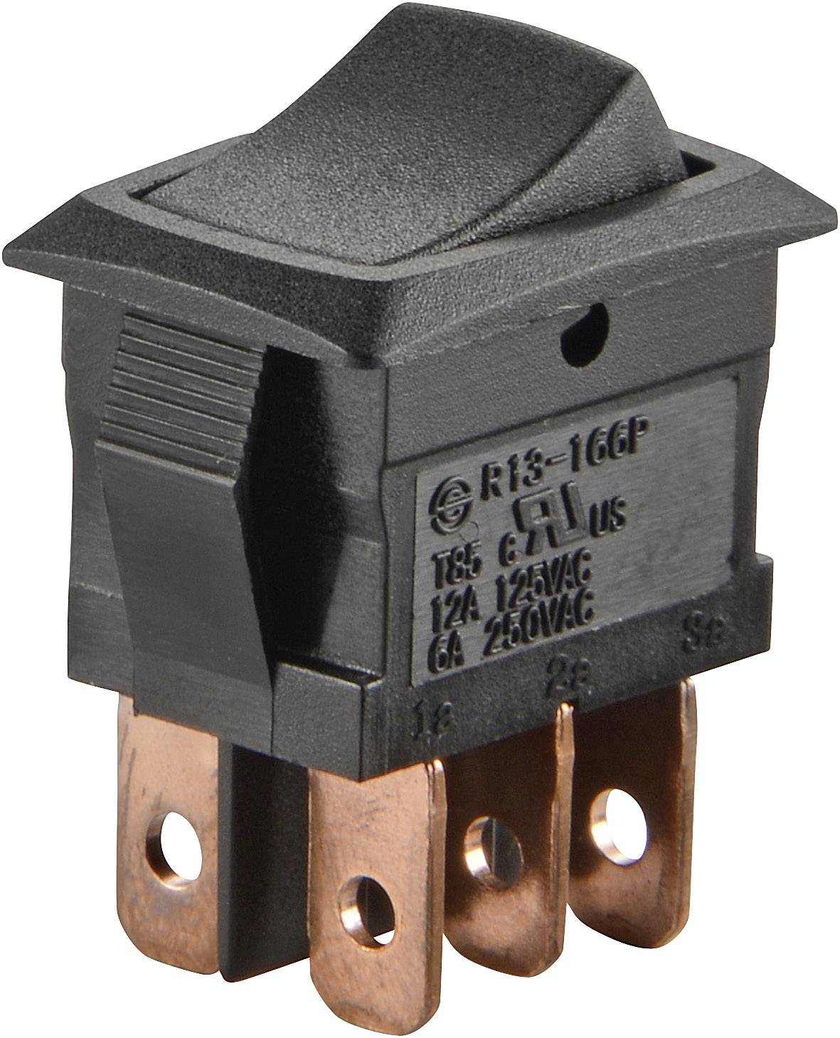 Black rocker switch with three copper terminals, suitable for 125VAC and 250VAC.