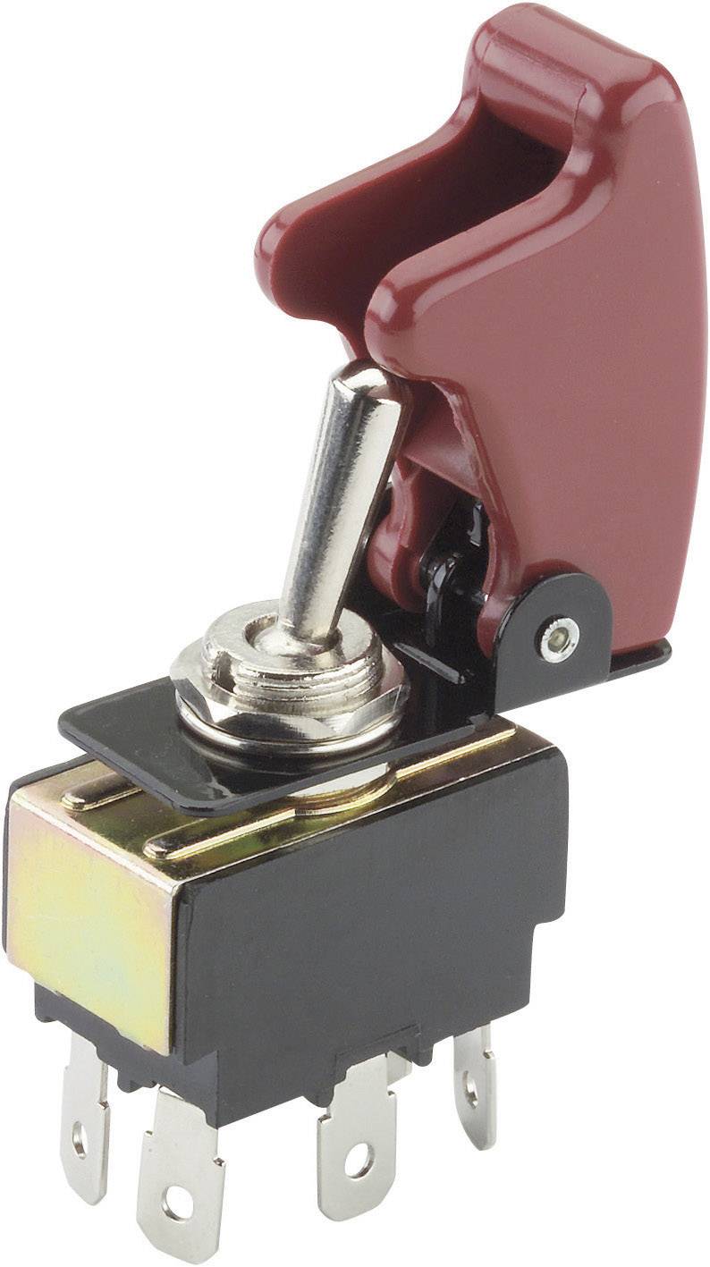 A toggle switch with a red cover and multiple metallic connection pins, typically used for controlling electrical devices.