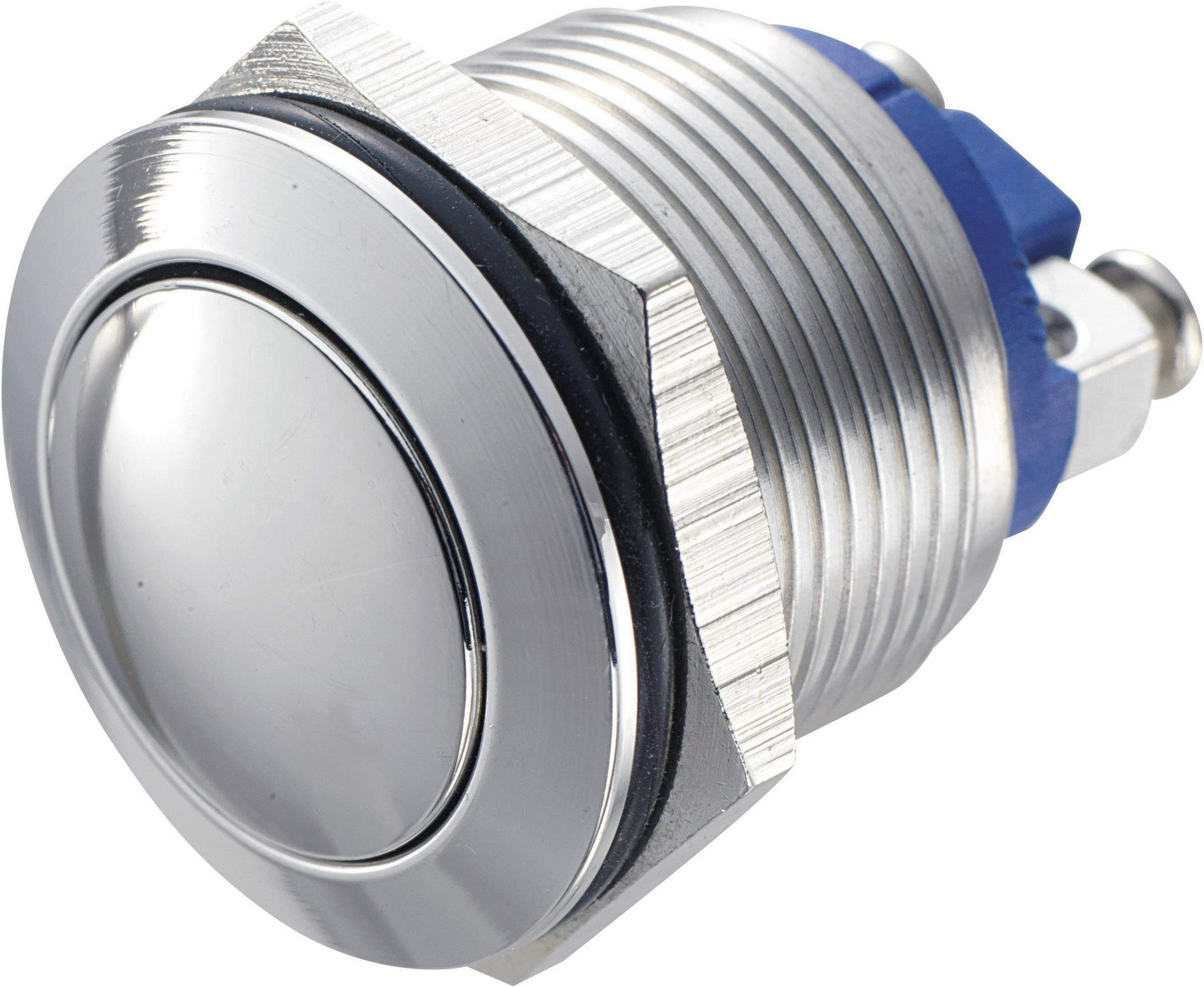 A round, silver metal button with a blue base and thread, suitable for mechanical switch applications.