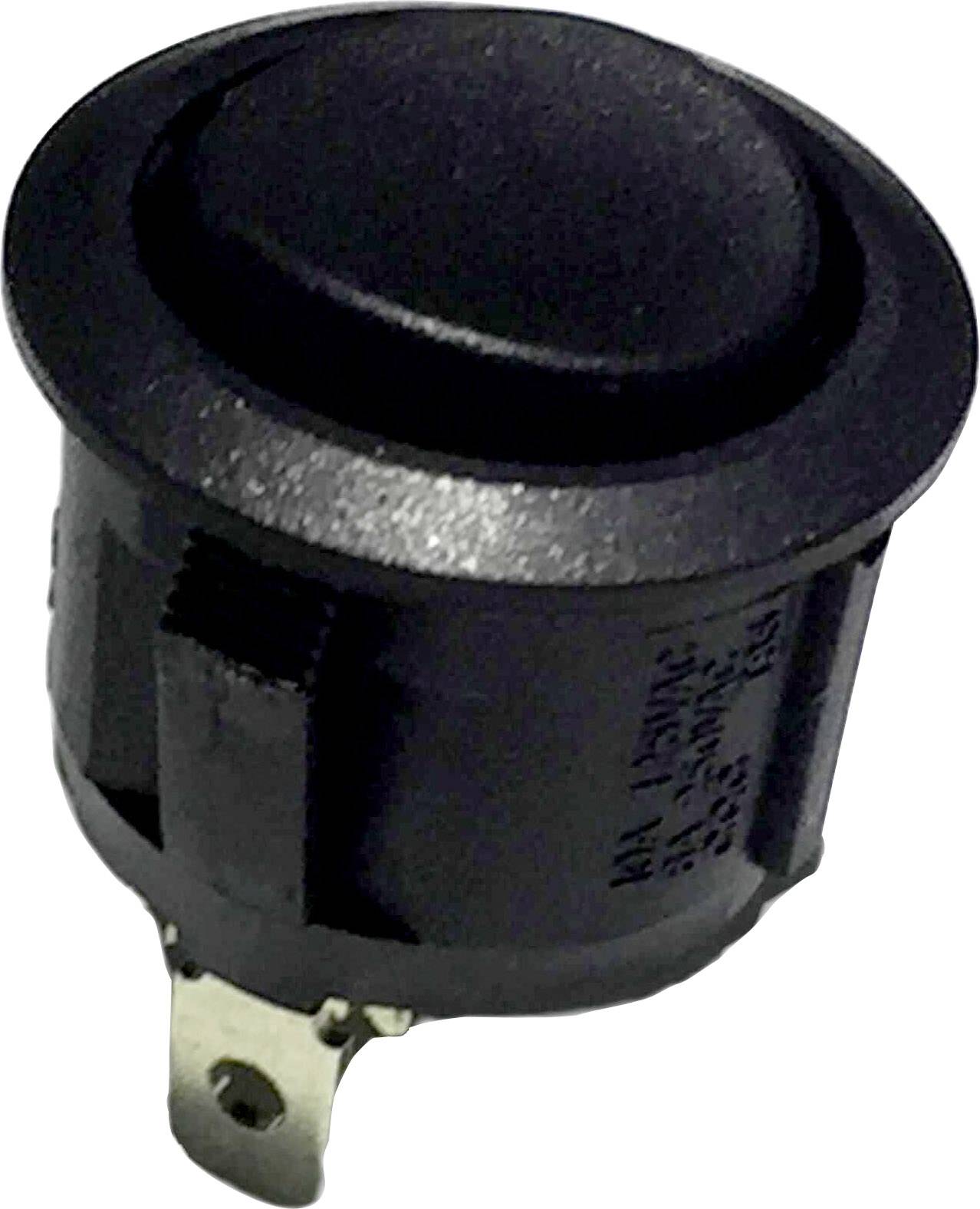 Black round toggle switch with metal terminals on the side. Commonly used in electronic devices for switching on and off.