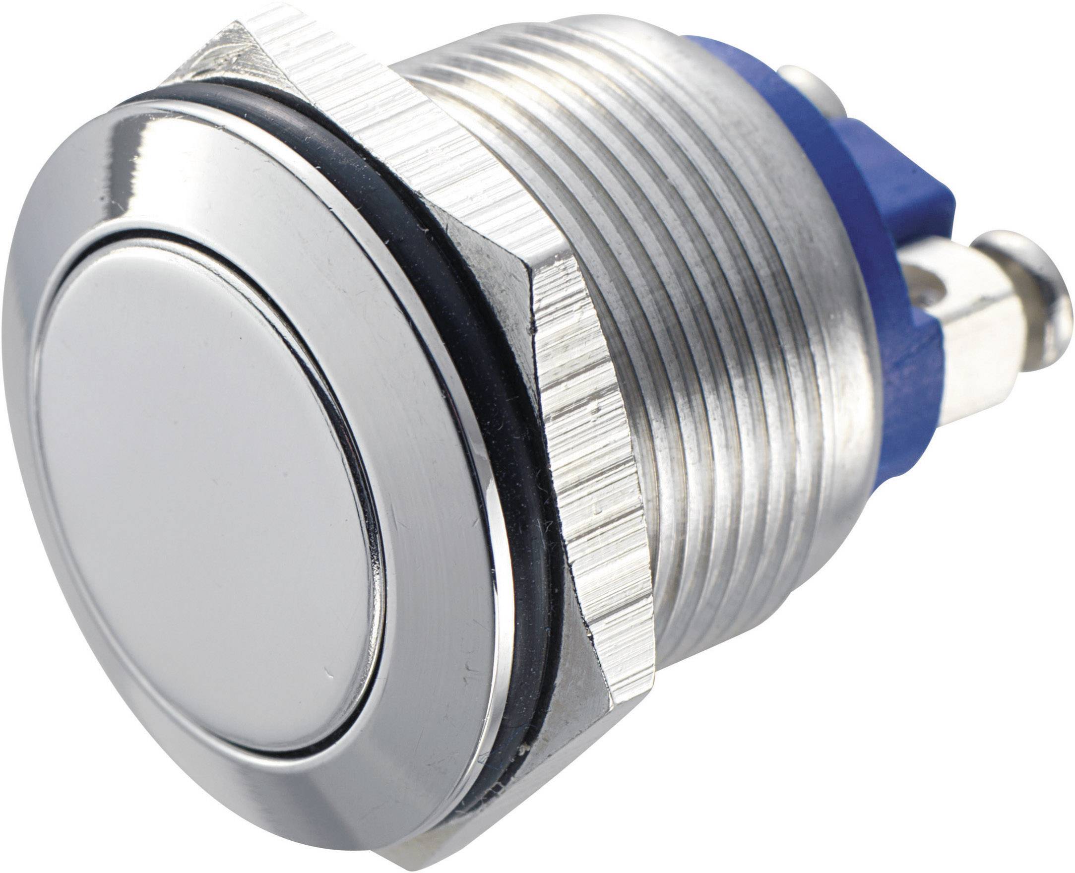 A silver-coloured, round metal button with a blue plastic base and threading. Typically used as a push button.