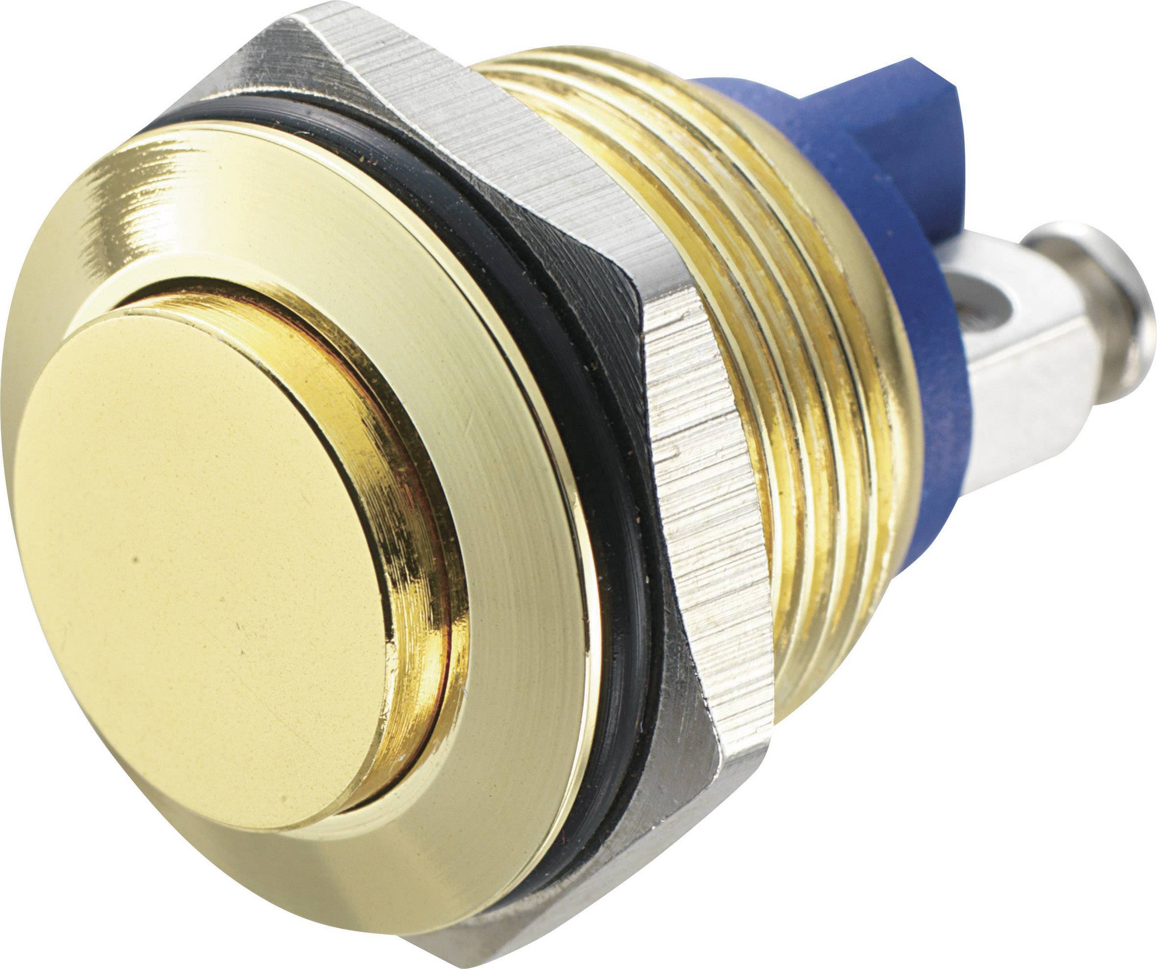 A gold-coloured, round push button with a blue mounting and metallic thread, suitable for electronic or mechanical devices.