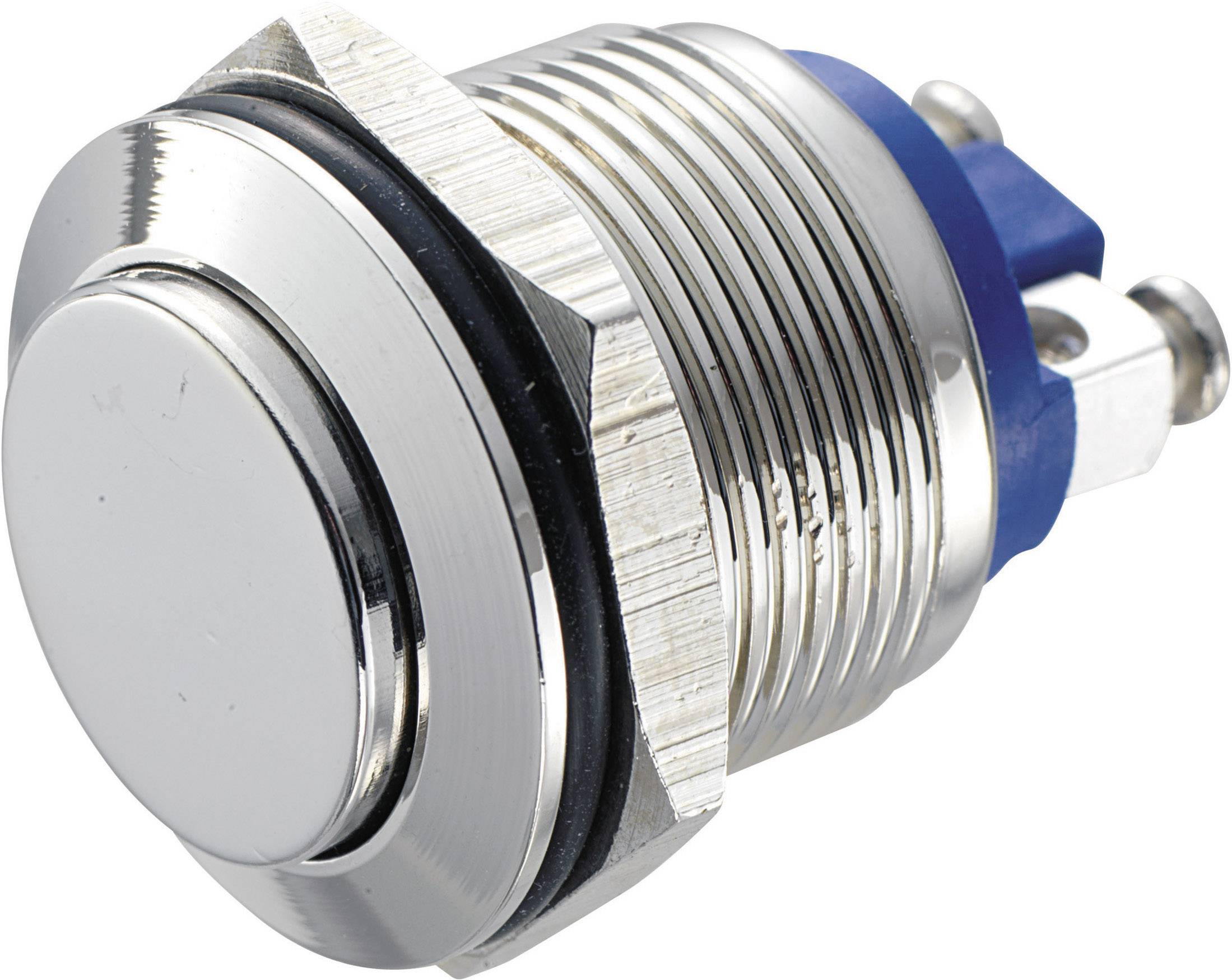 A silver push button with a blue connection, suitable for electronic circuits.