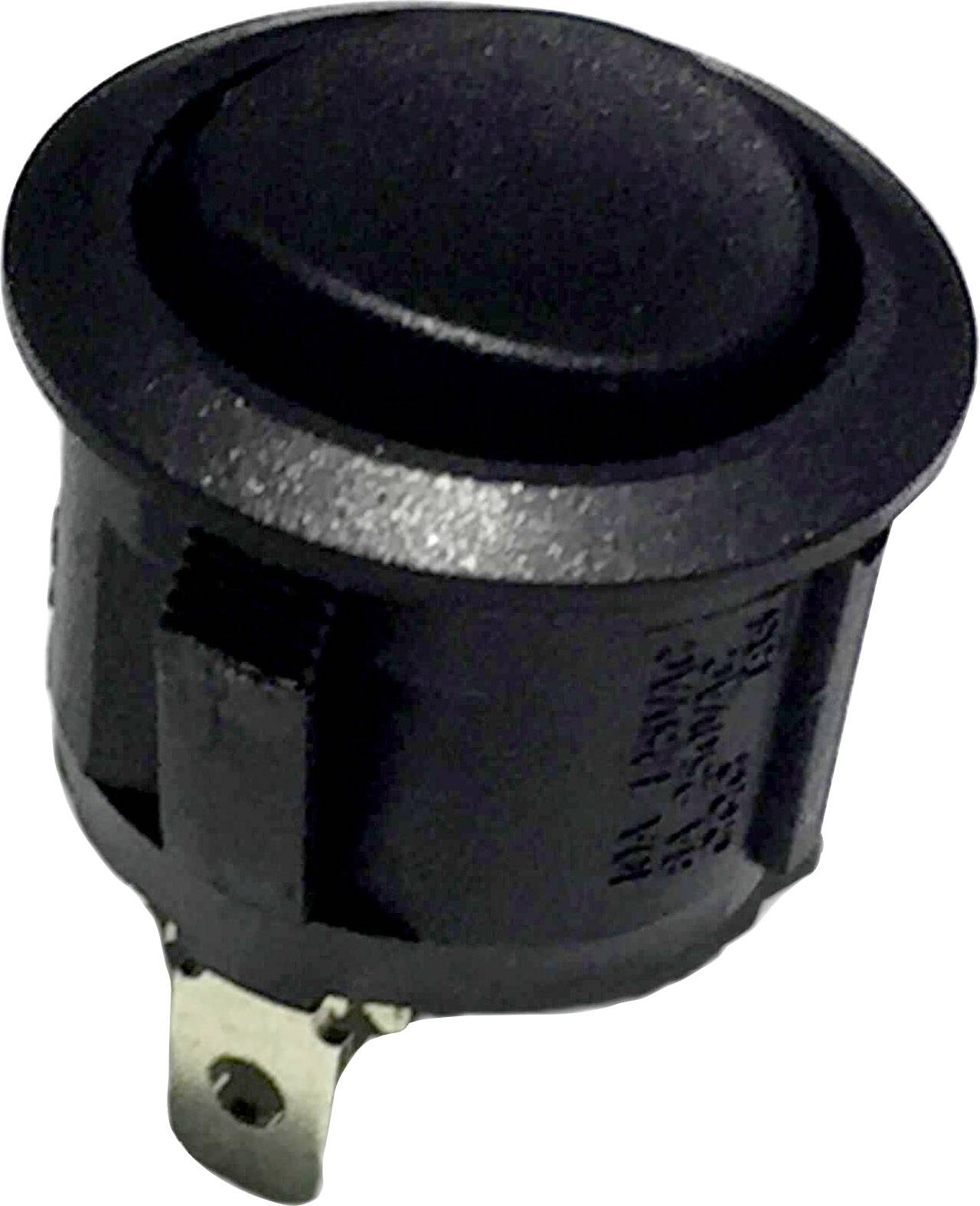 A round, black push-button switch with two metal contacts on the underside, suitable for electronic applications.
