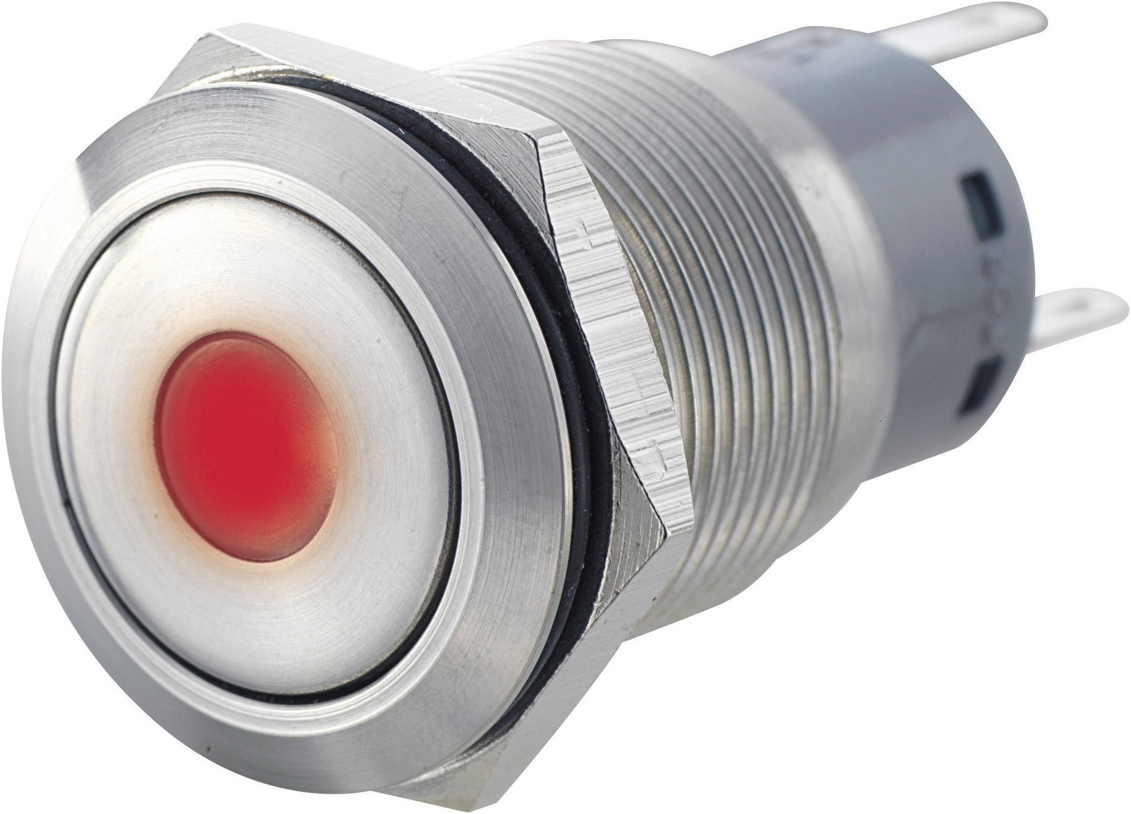 Close-up of a round, silver metal switch with a red illuminated LED in the centre. The switch has a ridged casing.