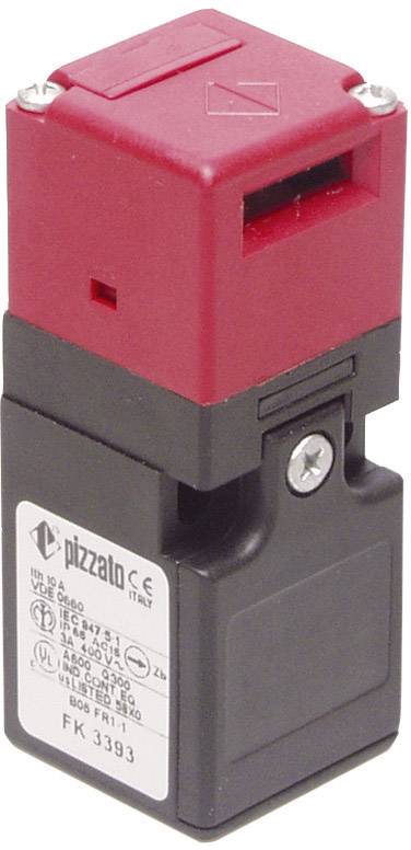 Electric safety switch by Pizzato in black and red, used for monitoring and safeguarding machines and equipment.